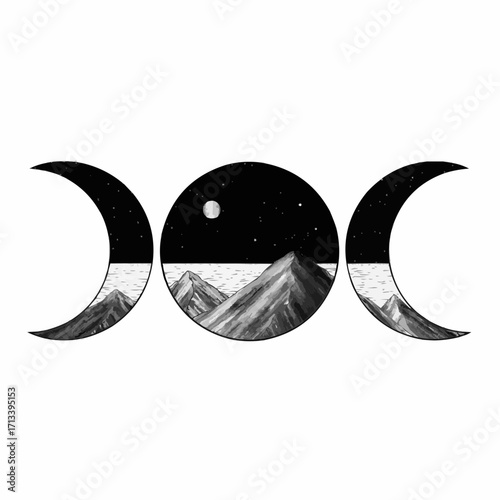 Triple moon goddess symbol featuring a serene mountain and lake scene under a starry night sky