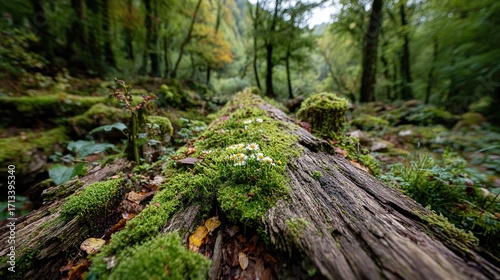 Fallen Old Rotten Tree with Moss and Mushrooms. Nature's Cycle of Decay and Regrowth in a Forest Setting.