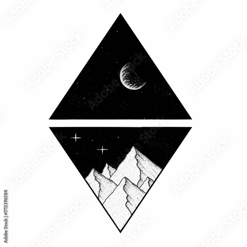 Stunning mountain range beneath a crescent moon and starry sky, dreamy celestial landscape design