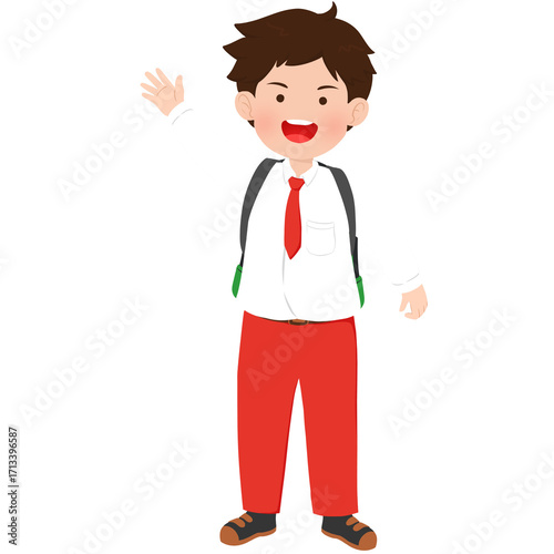 Cartoon student boy go to school, waving hand illustration