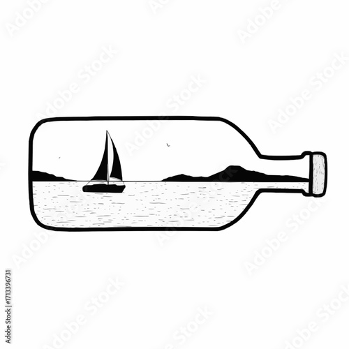 Sailboat framed inside a bottle floating on water, travel dreams and nautical adventures concept