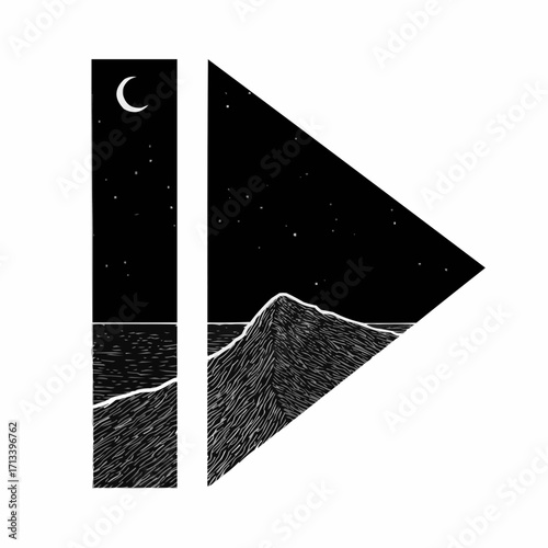 Serene mountain range under a starry night sky with crescent moon, evoking peace and tranquility