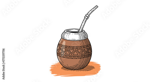 Traditional South American beverage preparation with dried leaves and a metal straw.