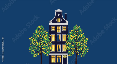 A charming tall slender building with lit windows and decorative trees on either side against a dark blue sky.