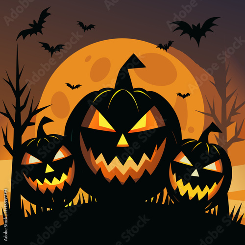 Halloween pumpkin silhouette vector, creepy jack o lantern faces glowing, spooky carved pumpkins, horror night design, modern scary flat decoration seasonal background illustration.