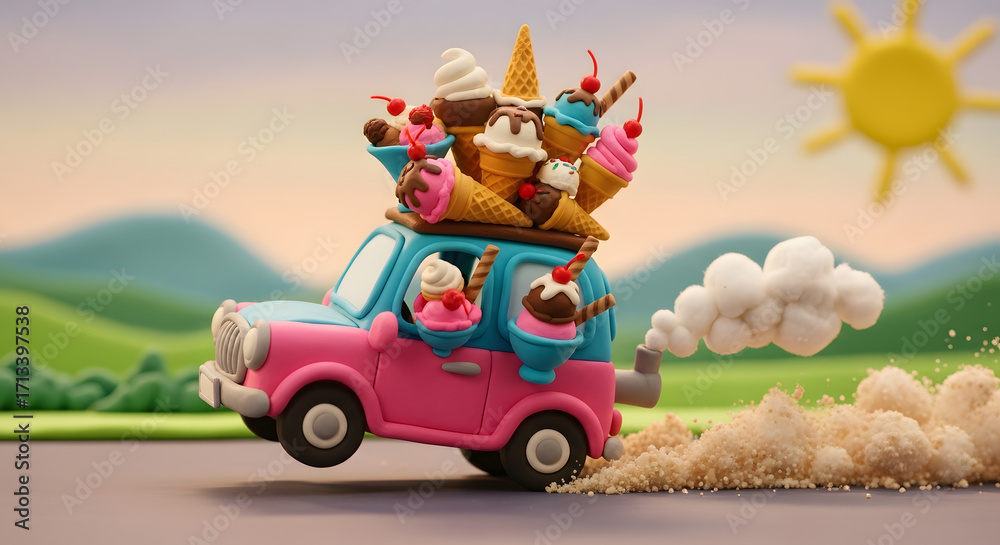 Obraz premium A pink and blue cartoon car, overloaded with ice cream cones topped with cherries, drives along a road with a sunny background, leaving a trail of dust.