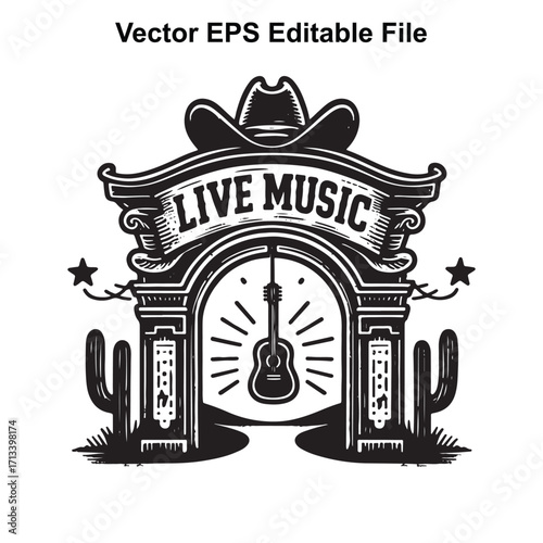 Vector art of live music western archway with cowboy hat and guitar