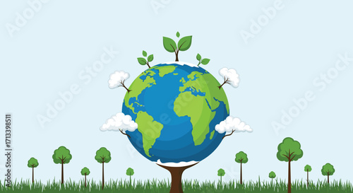 A vibrant planet earth with green plants growing on top surrounded by fluffy clouds and trees.