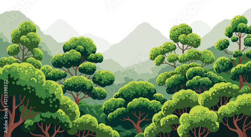 Pixel art forest landscape with lush green trees and distant misty mountains.