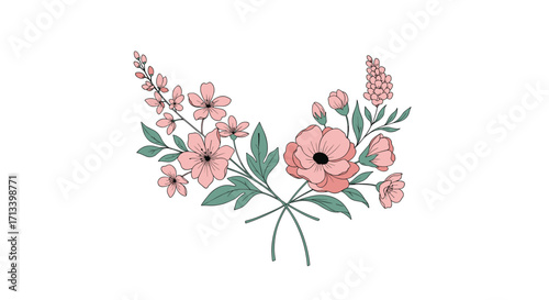 A delicate blush pink floral arrangement with green leaves and tied with string.