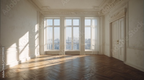 Bright Empty Room with Sunlight Streaming Through Windows in an Elegant Home