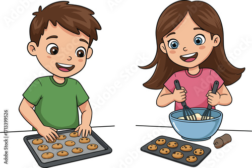 Boy placing cookies on baking tray and girl mixing dough in bowl, cheerful children baking together, kitchen fun, teamwork, colorful cartoon illustration
