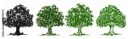 A vector-style oak tree logo featuring a bold silhouette with dense foliage. The design symbolizes strength, growth, stability, and the resilience of nature. Perfect for brands related to environment,