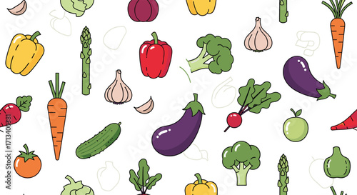A vibrant and diverse collection of fresh vegetables arranged in a lively pattern for culinary inspiration.
