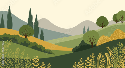 Rolling hills and cypress trees in a scenic countryside landscape.