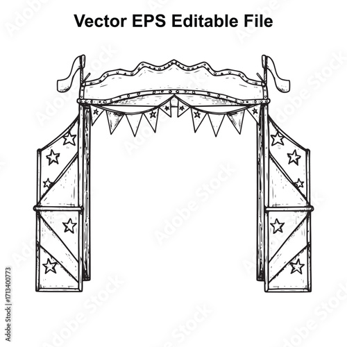 Vector art of vintage circus entrance archway with flags and bunting