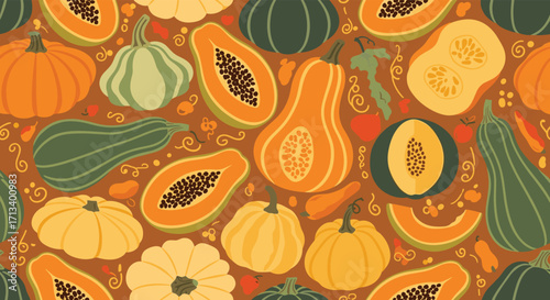 A vibrant pixel art pattern showcasing a diverse assortment of autumn squash and pumpkins in warm earthy tones perfect for fall decorations and harvest themes.