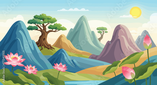 A serene pixel art landscape featuring rolling hills blooming lotus flowers and a majestic tree.