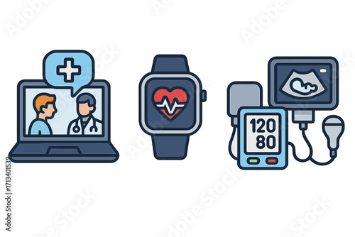 Healthcare technology vector icons. Telemedicine doctor consultation. Smartwatch heart rate monitor. Blood pressure, fetal ultrasound. Digital health, medical diagnostics, e-health.