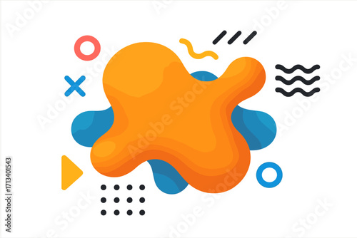 Modern abstract background with colorful geometric Memphis style shapes. Fluid gradient blob for banner, poster, or presentation. Trendy 80s and 90s retro design element.