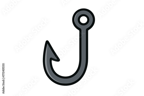 Fishing hook icon vector illustration. Sharp metal fishhook for angling sport and recreation hobby. Cartoon fishing lure tackle equipment for catching fish. Isolated design element.