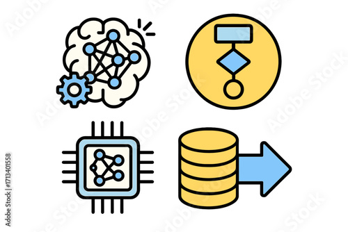 Machine learning icon set. AI, neural network in brain, algorithm flowchart, deep learning on CPU chip, and database processing. Vector for technology and data science concept.