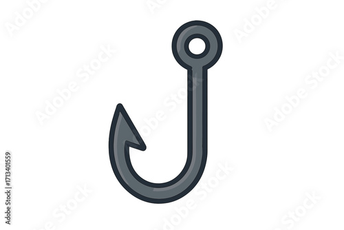 Fishing hook vector icon. Angling equipment for hobby or sport fishing. Sharp metal fishhook for catching fish. Lure and bait concept. Metaphor for trap or addiction.