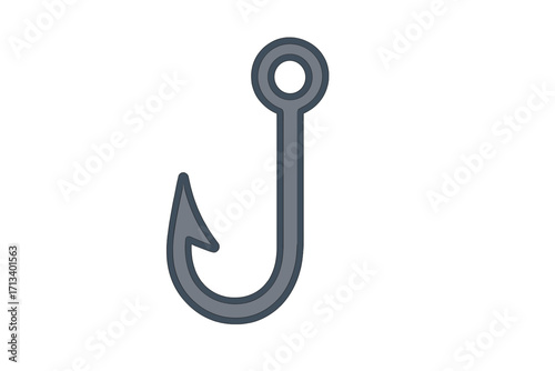 Fish hook vector icon. Fishing tackle equipment symbol. Sharp metal lure for angling and catching fish. Metaphor for bait, trap, addiction, or digital phishing concept.