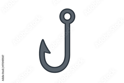Fishing hook vector icon. Fishhook symbol for angling and sport fishing. Metal bait equipment for fisherman. Catch concept. Sharp tackle isolated on white background.