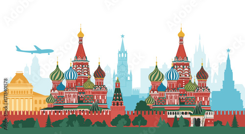 Vibrant illustration of Moscow skyline with Saint Basil's Cathedral and Kremlin walls at sunset.