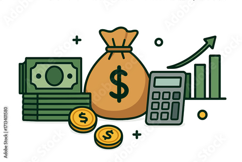 Financial growth and investment concept. Vector cartoon of money bag, cash, calculator and increasing graph. Business success, profit, savings, economy and wealth metaphor.