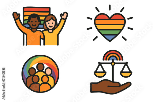 Pride month icons collection. LGBTQIA+ concept. Gay pride parade. Interracial couple with rainbow flag, love heart, diverse community, justice scales. Human rights, equality.