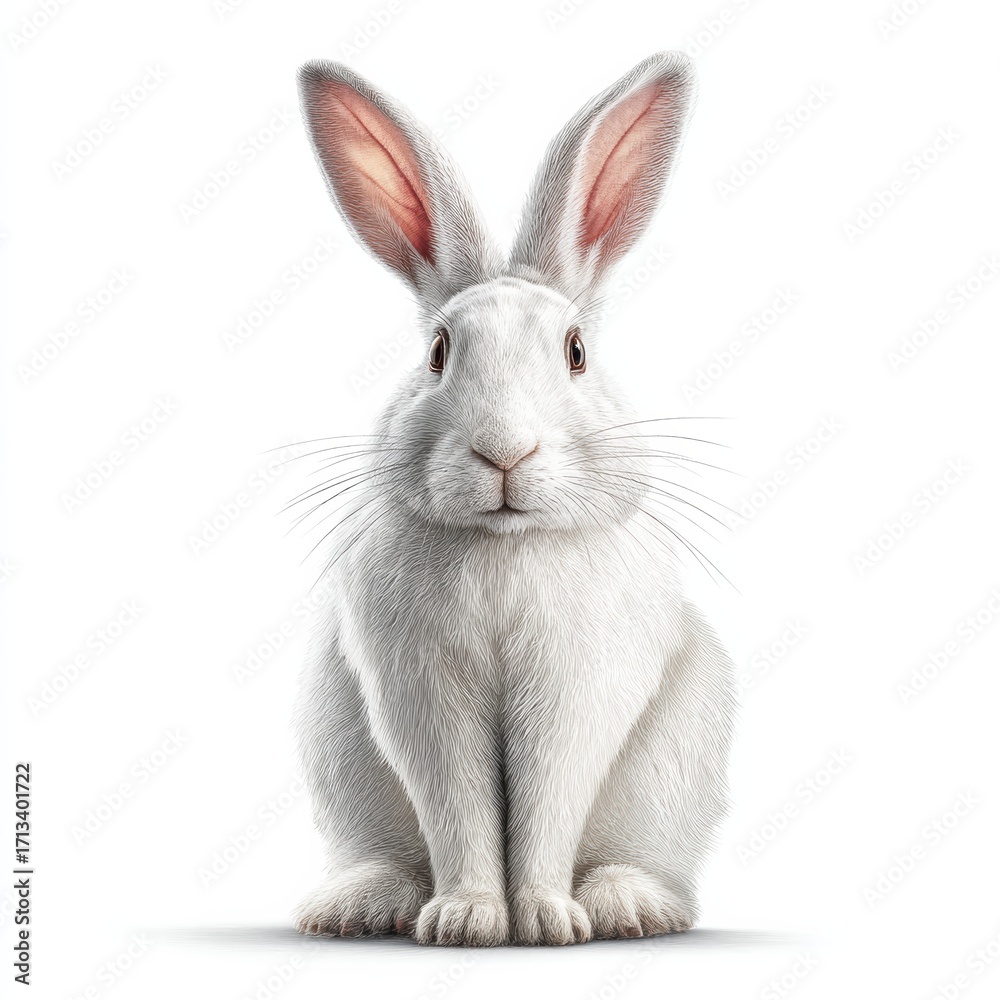 Fototapeta premium A white rabbit sits upright on a plain white background, facing forward with alert ears and expressive eyes