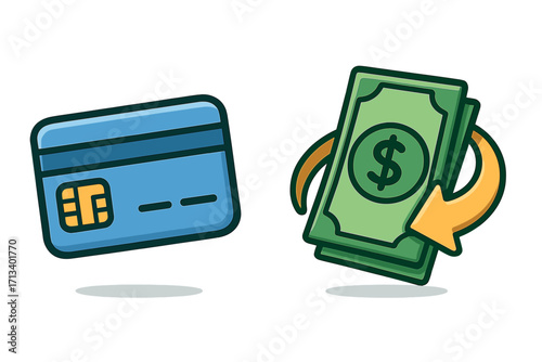 Cash back icon for financial reward program. Money refund concept. Dollar bill rebate for credit card payment. Banking promotion and return service vector cartoon set.