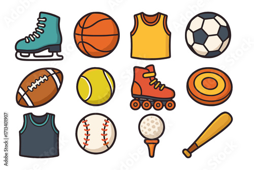 Sports icon set vector collection. Cartoon illustration of various sport equipment. Basketball, soccer, football, baseball, tennis, golf, skating. Flat design element.