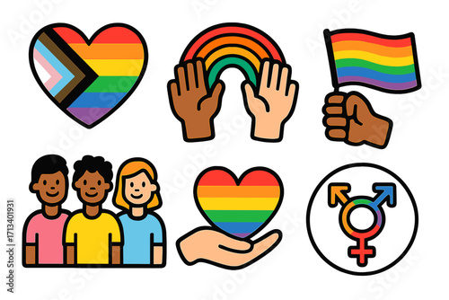 LGBTQ pride icon set with progress flag heart, rainbow, and transgender symbol. Vector graphics for gay, lesbian, bisexual community. Diversity, love, and equality concept.
