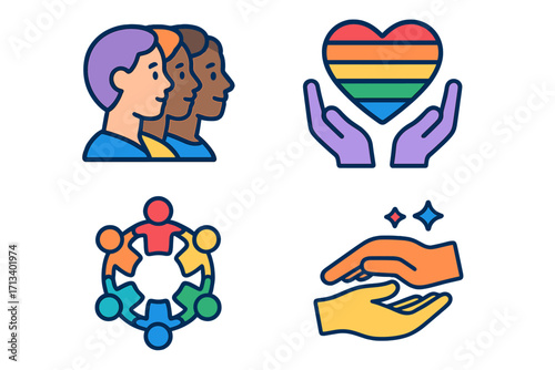 Colorful icons of diversity, inclusion, and community support. Vector set for equality, teamwork, and human rights. LGBT pride rainbow heart. People connection and help symbol.