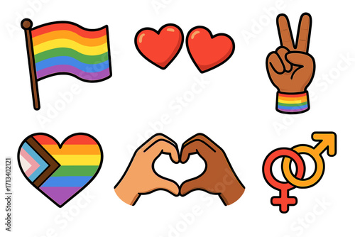 LGBTQ pride vector icon set. Cartoon symbols of love, diversity, and inclusivity. Collection with rainbow flag, progress heart, peace hand, interracial hands, gender signs. Gay.