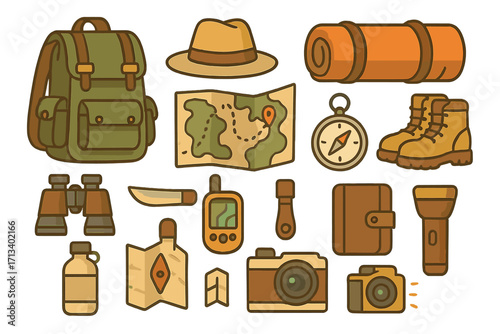 Adventure travel items and exploration tools set. Hiking, camping essentials collection. Vector cartoon flat icons. Backpack, map, compass, boots, camera, binoculars.