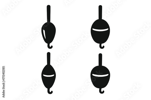 Fishing bobber float icon set. Angling gear and equipment silhouette collection. Simple vector illustration for sport fishery. Fish tackle and bait graphic sign for design.
