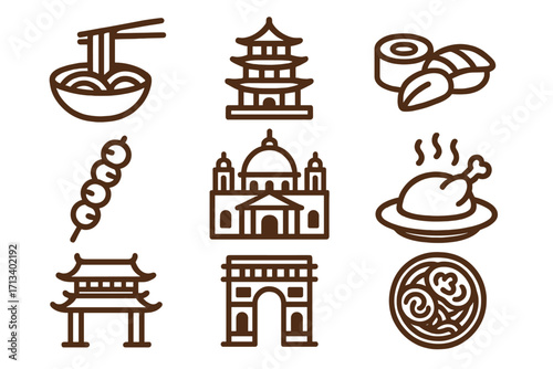 Travel and food icon set. World landmarks and cuisine. Asia and Europe culture trip. Noodle, sushi, dango, pagoda, cathedral, arch. Vector line symbols for tourism and restaurant menu