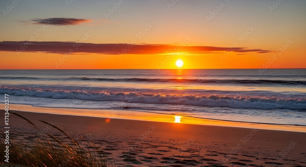 Naklejka premium Sunrise Beach Ocean Waves Golden Hour.