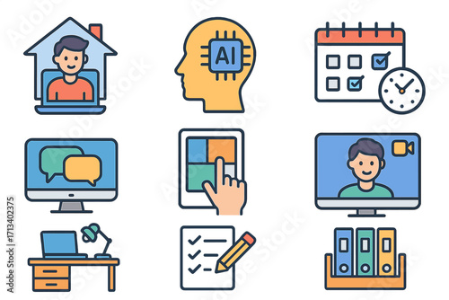 Modern work icon set with remote work, AI, and productivity concepts. Vector illustrations of home office, video conference, time management, online chat, and business tools.
