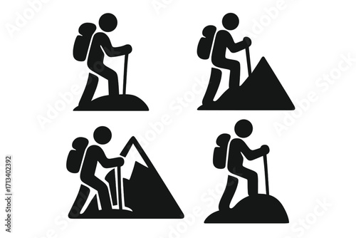 Hiking icon set. Hiker silhouette with backpack climbing mountain. Person with trekking pole. Outdoor adventure, travel symbol. Vector logo for sport, tourism, exploration.