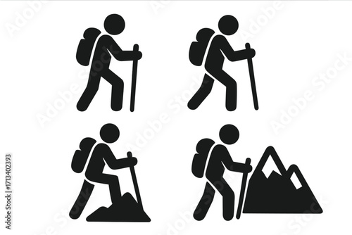 Hiking icon set. Man walking, trekking, and climbing mountain. Hiker with backpack and pole vector silhouette. Outdoor adventure, travel, tourism, and active lifestyle concept.