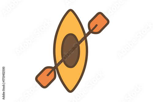 Kayak and paddle icon for adventure travel and water sports. Top view of a canoe, symbol of outdoor recreation and summer vacation. Flat vector cartoon illustration.