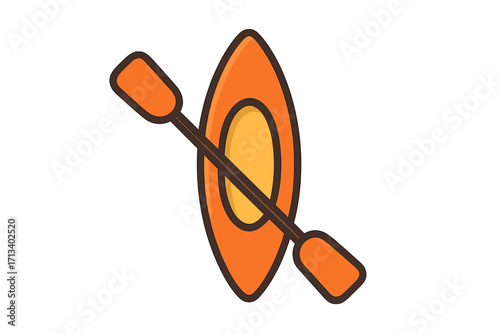 Kayak icon, canoe with paddle symbol. Top view boat for water sport, summer recreation, adventure travel. Flat cartoon vector illustration isolated on white background.