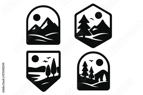 Set of outdoor adventure landscape badges. Vector silhouette icon collection for hiking, camping, and travel. Mountain, forest, bear and nature park emblem logo design.