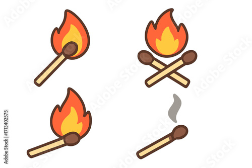 Burning matchstick vector icon set. Flat cartoon illustration. Lit match with fire flame, extinguished match with smoke, and crossed matches as a campfire or bonfire symbol.