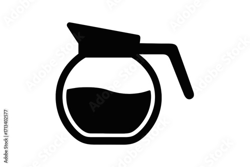 Coffee pot icon. Carafe silhouette. Hot drink symbol. Morning beverage for breakfast. Kitchen utensil pictogram. Office coffee break sign. Simple black vector graphic.